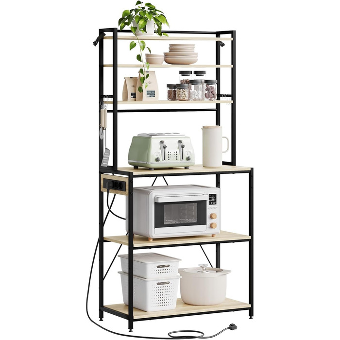 Кухонна полиця WOLTU з 6 ярусами, з розетками, для мікрохвильової печі, з металевим каркасом, регульовані полиці, Чорний+Рустикальний коричневий, 60 x 167 x 40 см