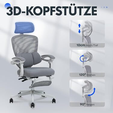 Крісло офісне ергономічне FLEXISPOT з регулюванням нахилу 135°, 3D-підголовник, підлокітники з регулюванням, підставка для ніг, колір біло-сірий (OC4)