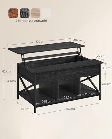 Журнальний столик VASAGLE, регульований по висоті стіл для вітальні, журнальний столик, відкрите і приховане зберігання, X-подібні стійки, вінтажний коричнево-чорний LCT205B01 (60 x 100 x (48-62) см, антрацитовий сірий чорний)