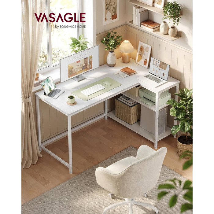 Кутовий стіл VASAGLE L-подібної форми з полицею, для офісу вдома, 120 x 80 см, Ahornweiß (без розетки)