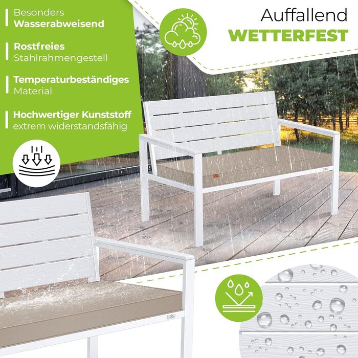 Кесер® Садова лавка з подушками – вулична лавка, стійка до погодних умов, 2 місця, паркова лавка з дизайном під дерево, для балкону, саду, тераси, вантажопідйомність до 300 кг, стійка до УФ-випромінювання, знімний та пральний чохол для подушки (білий / бі