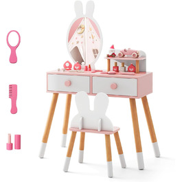 Дитячий туалетний столик COSTWAY з дизайном зайчика, 2-в-1 зі дзеркалом, 2 шухляди та полиця, туалетний столик для дівчаток з масивними дерев'яними ніжками (білий)