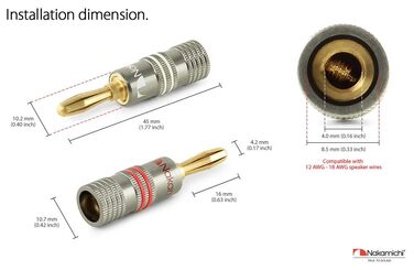 Штекери-банани Nakamichi 24K з позолоченим покриттям з берилієвої міді для акустичних кабелів, 36 шт. (18 пар)