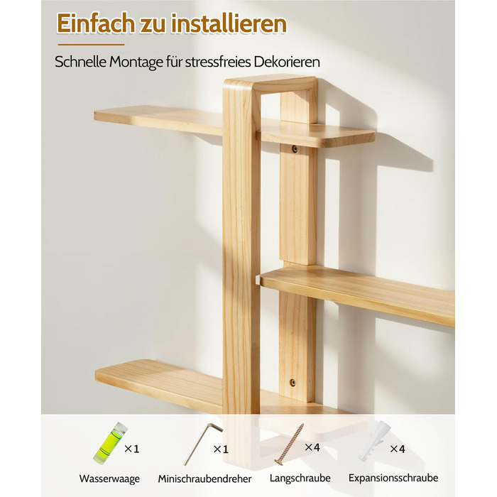Полиця настінна SUMGAR з дерева, плаваюча, три яруси, 50x58 см (біла/дерево) для вітальні, спальні