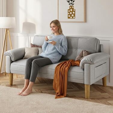 Диван Xbro 2-місний, компактний диван з підлокітниками та кишенею, сучасний диван з тканини для вітальні, квартири, офісу, проста збірка, 144 x 77 x 77 см, сірий