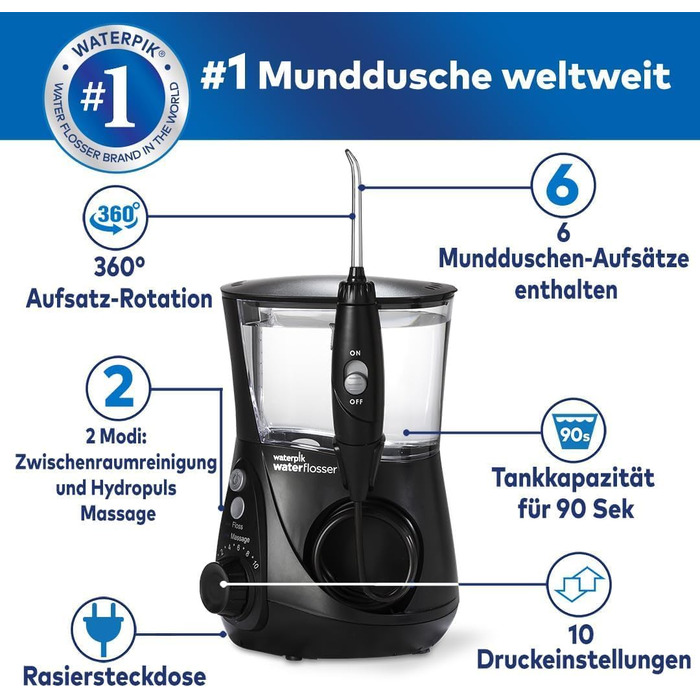 Waterpik Професійний іригатор, Тест-переможець 2025, Технологія Precision Pulse, Сертифікат TÜV, видалення нальоту до 99,9%, 6 насадок, 10 режимів, таймер, чорний