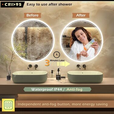 LED дзеркало для ванної кімнати KWW, регульована колірна температура, протитуманне, диммування, 60x60 см