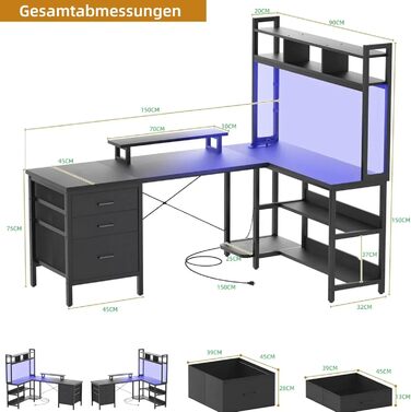 iSunirm Кутовий ігровий стіл L-подібної форми 150x150 см з полицями та ящиком для документів, білий (чорний)