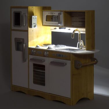 Дерев'яна дитяча кухня Mamabrum з LED-підсвічуванням та аксесуарами - 15 частин. Комплект: плита, духовка, мікрохвильова піч, холодильник, кран та іграшкова кухонна утвар для дітей