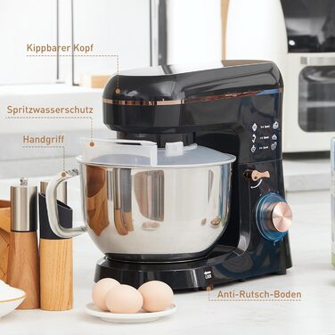 Кухонна машина HOMCOM 1400W з чашею 5.5л з нержавіючої сталі, 6 швидкостей, міксер для тіста, з набором насадок