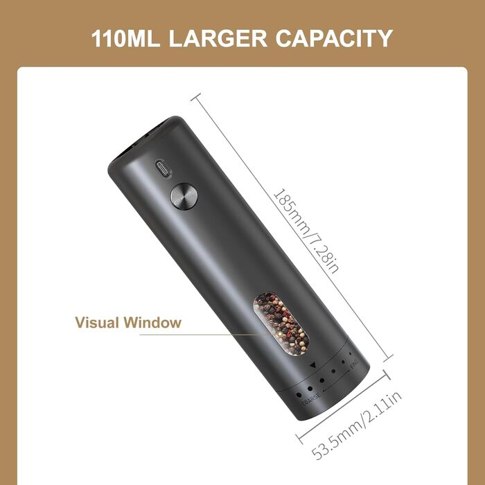 Електричний набір для солі та перцю з зарядною станцією, об'єм 110 мл, перезаряджувана соляна млинка з 5 рівнями, керамічна млинка з щіткою (1 шт, чорний)