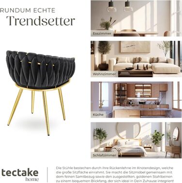 Тектейк® Велюровий стілець, крісло-чілл з ефектом вузлів, обідні стільці, сучасний крісло для вітальні, їдальні, як кухонні стільці, для туалетного столика, комплект стільців (4 шт, Чорний/Золотий)