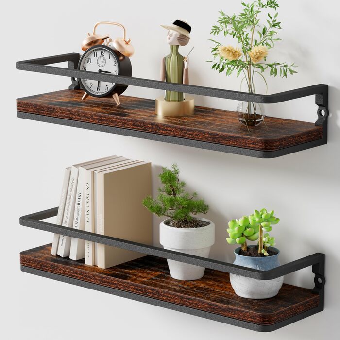 Полиця настінна дерев'яно-металева Wandregal 2 шт 42 см, плаваючі полиці для ванної, спальні, вітальні, кухні, офісу (Рустикальний коричневий + Чорний)