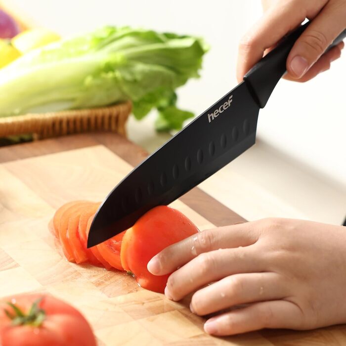 Набір кухонних ножів Hecef 15 предметів з бруском, чорний колір, антипригарне покриття, безпечний для миття в посудомийній машині, самозаточуваний брусок, ергономічні ручки, набір ножів для кухні для початківців та любителів готування (6 шт)