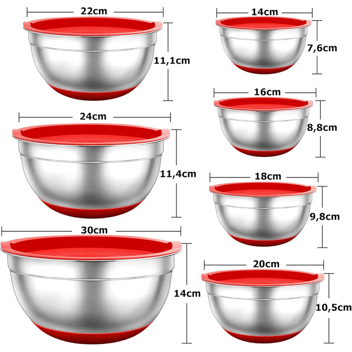 Набір мисок TEAMFAR з нержавіючої сталі: салати, зберігання, приготування їжі. Об'єм: 0.7-6.5 л, з кришкою та силіконовим дном.