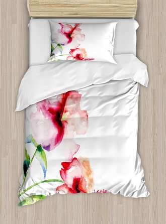 Набір акварельних квіткових підковдр для односпальних ліжок, пастельний натуральний, стійкий до кліщів алергікам, підходить з наволочкою, (200 x 200 см - 70 x 50 см, білий, червоний, зелений)