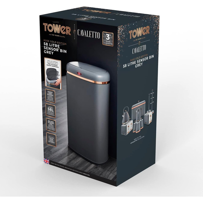 Tower 58 - квадратний сміттєвий бак з датчиком, сірий та рожеве золото