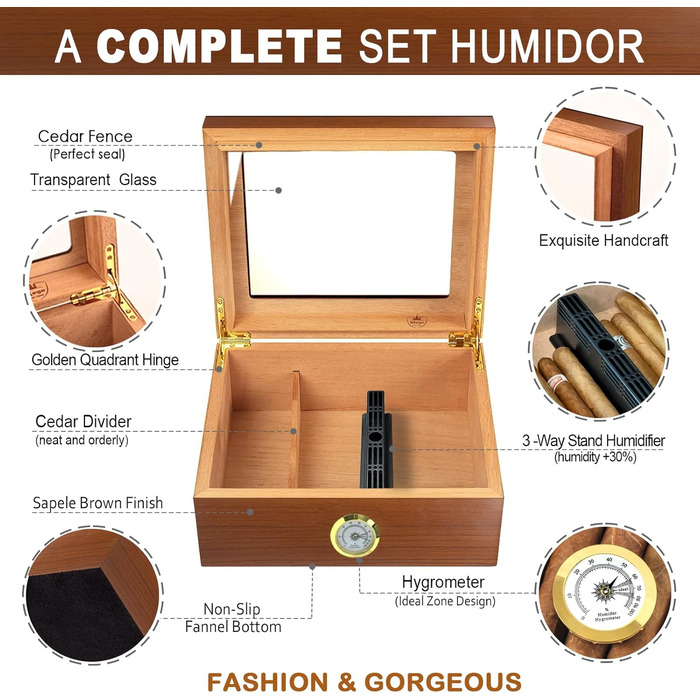 Вологозбережувач для сигар Slege, дерев'яний бокс з іспанської кедру, гігрометр, роздільники, аксесуари для сигар (30-50 сигар) (колір: коричневий)