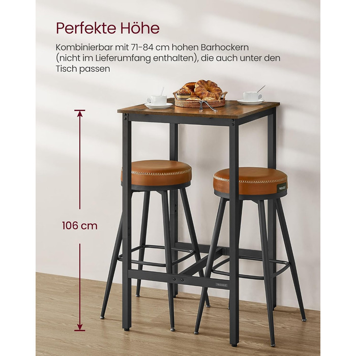 Столик барний VASAGLE, кухонний, для вітальні, 60x60x106 см, сталевий каркас, індустріальний дизайн, вінтажний колір, проста збірка LBT035K01