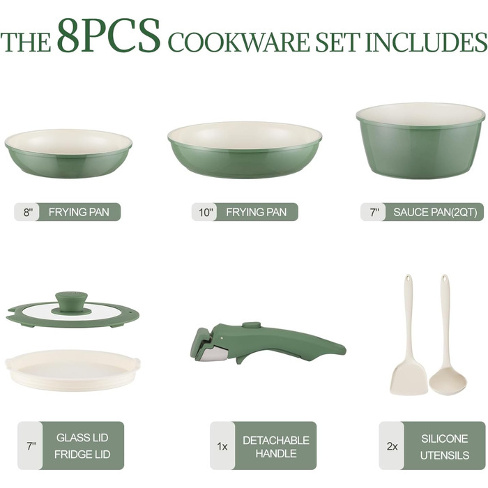Набір каструль та сковорідок з керамічним покриттям 8 предметів з знімними ручками, сумісний з індукцією, придатний для духовки та миття в посудомийній машині, без PFAS/PFOA, кремово-білий