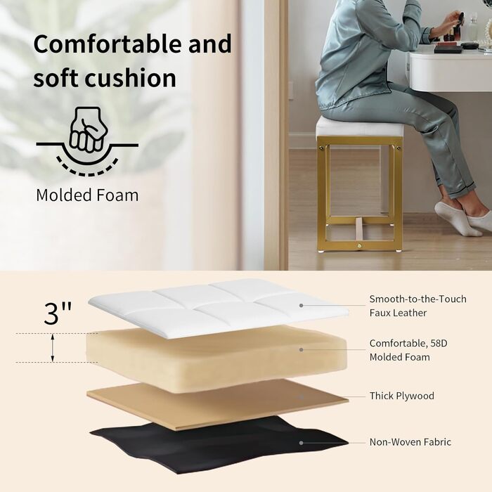 Пуф-стілець для макіяжу, білий та золотий, з штучної шкіри, для ванної кімнати, спальні, вітальні