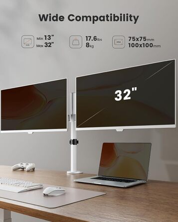 Підставка для монітора ErGear на 2 монітори, 13-32 дюйми, регульована, VESA 75/100, білий