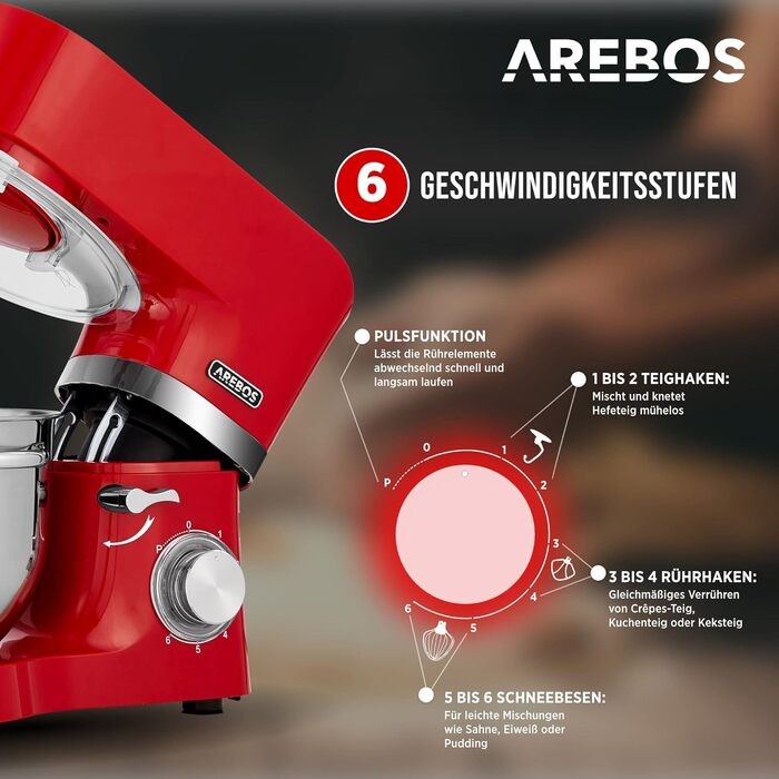 Кухонна машина Arebos 1500W з двома чашами з нержавіючої сталі (4.5L та 5.5L) | Кухонний міксер з набором насадок (крюк для тіста, вінчик, гак для збивання) та захистом від бризок | 6 швидкостей