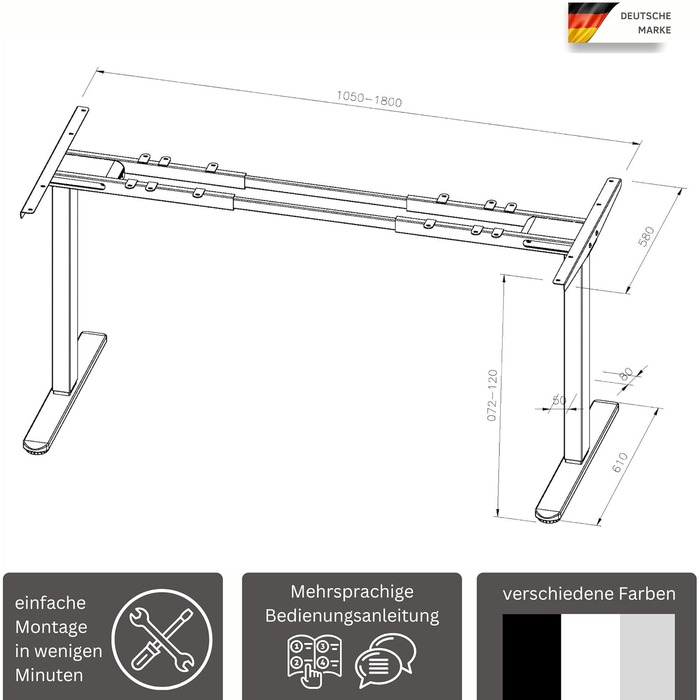 Електричний регульований стіл Albatros Lift S5: металеве шасі, ніжки, підставка | До 120 кг | Для широких стільниць 2м | Білий