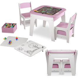 Дитяча стільниця Juskys Milou - комплект з 2 стільців та столу - дерев'яний дитячий столик з місцем для зберігання, стільниця для малювання (рожева)
