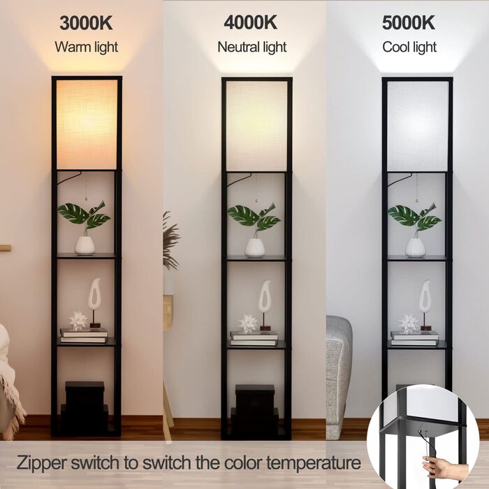 Торшер з дерев'яною поличкою Stehlampe, чорний, 3 режими світла, 1.62м для вітальні, спальні, офісу