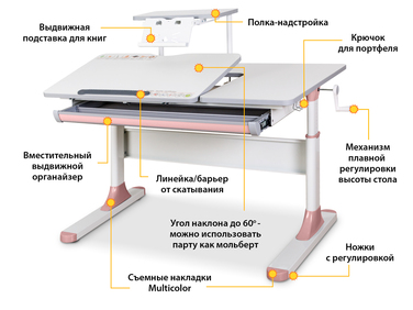 Дитячий стіл Mealux Vancouver Multicolor PN з полицею S50 (арт. BD-620 W/G MC+ PN+ S50 WG)