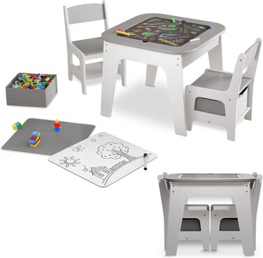 Дитяча меблева група Juskys Milou: стіл та 2 стільці - дерев'яний дитячий столик з місцем для зберігання, сірий колір