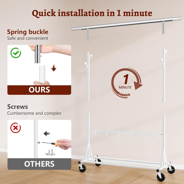 Стійка для одягу на колесах FAVOOOSTY, металева, мобільна, до 200 кг, швидка установка, білий колір, 1 перекладина