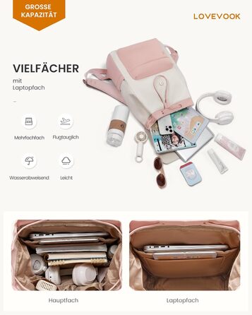 LOVEVOOK Рюкзак для жінок, легкий шкільний рюкзак для підлітків з відділенням для ноутбука 15.6 дюймів, жіночий рюкзак для навчання, подорожей, роботи (M-15.6 дюймів, Рожевий + Бежевий)
