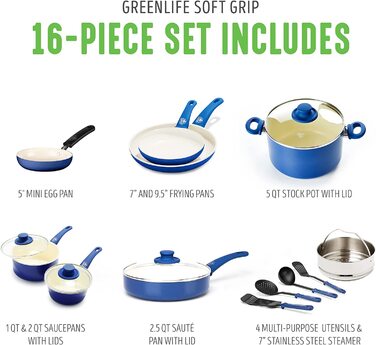 Набір посуду GreenLife з м'яким покриттям і антипригарним покриттям, 16 предметів, без ПФАС, (синій, набір посуду з 16 предметів)