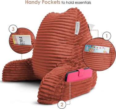 Крісло-подушка Clara Clark для дорослих - спинка для сидіння в ліжку, стандартна плюшева подушка для ліжка, подушка для стільця з подрібненим пінопластом з підлокітниками та кишенями, срібляста (Medium, Misty Rose)