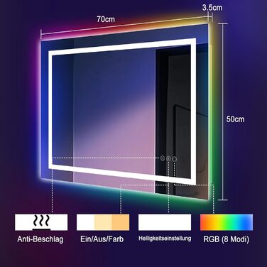 Дзеркало для ванної кімнати зі світлодіодним підсвічуванням 50x70 см, сенсорне керування, RGB