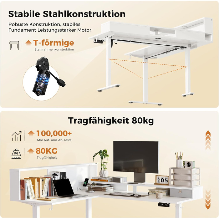Регульований за висотою кутовий стіл Agilestic 160x140 см з LED та розеткою | Ергономічний стіл для офісу та дому
