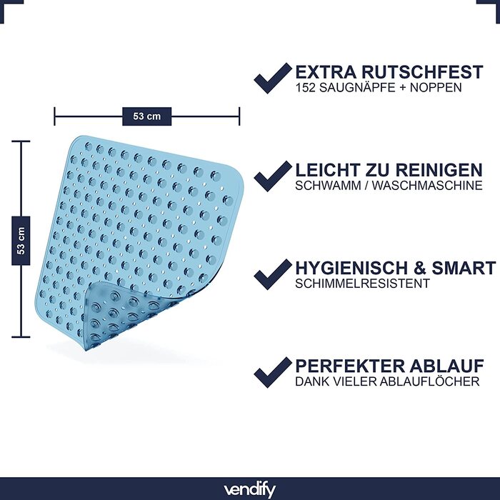 Преміум нековзний килимок для душу 53x53 см-нековзний килимок для душу, ванна без бісфенолу А-квадратний килимок для ванної з 152 присосками-Килимок для ванни стійкий до цвілі і машинного прання (прозорий синій)