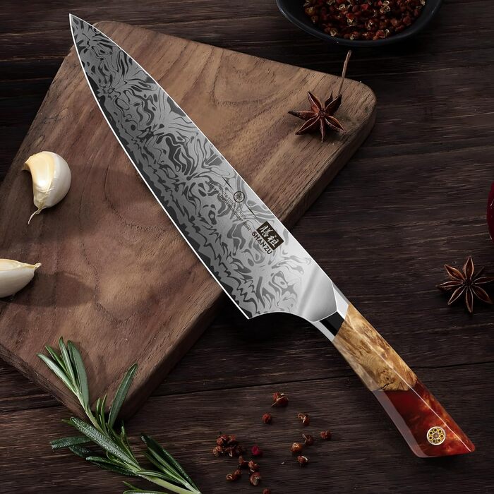 SHAN ZU Кухонний ніж Шеф-кухар, Японський ніж Дамаск з порошкової сталі SG2, Ручна ковка, 91 шар Дамаск, 20 см, професійний ніж з ахонним руків'ям, серія WHITE TIGER