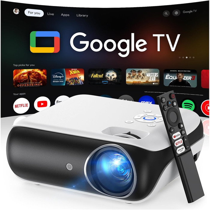 Портативний проєктор HAPPRUN Mini Beamer 4K з Bluetooth та Google TV: 4K, Full HD, HDMI, USB, AV, для кінотеатру вдома
