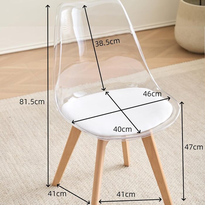Набір з 6 сучасних стільців для їдальні, кухонних стільців з м'яким сидінням та буковими ніжками для спальні, вітальні, їдальні, кухні – (прозора + біла підкладка з PU шкіри, набір з 6 шт.)