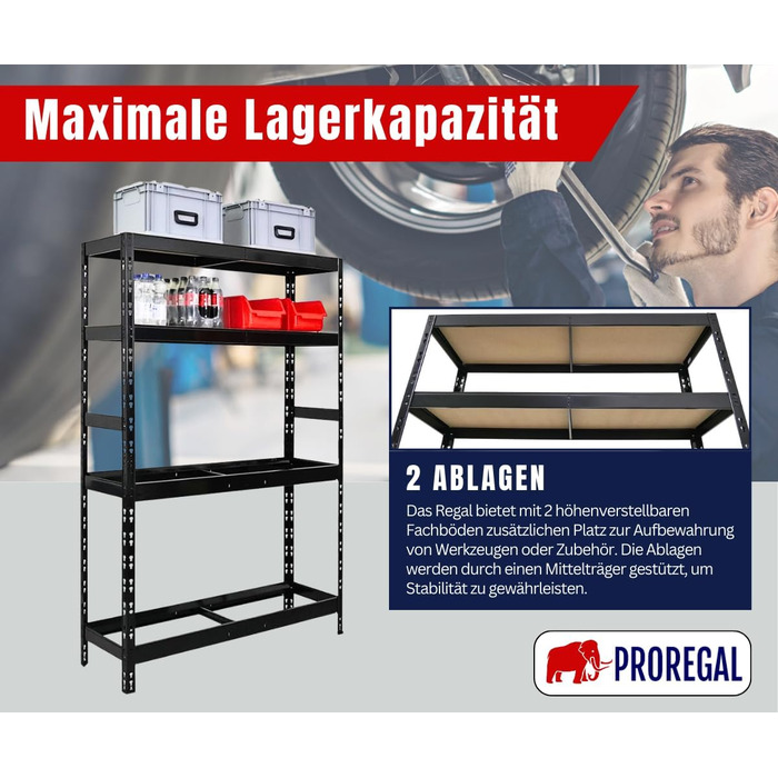 Стелаж для шин PROREGAL Tiger XL: 200x180x45 см, 300 кг навантаження, до 205/55 R16, для майстерні, складу, підвалу (12 шин + 2 полиці, чорний)