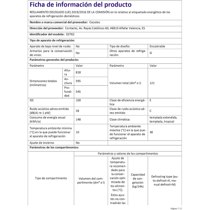 Міні-холодильник Cecotec Bolero CoolMarket TT 107: 121 л, вбудований, чорний, регулювання температури, відсік для овочів, морозильна камера