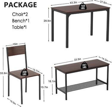 Обідній комплект SogesFurniture з 4 предметів стіл 110x70x76см, 2 стільці, лавка, металевий каркас, горіх/чорний