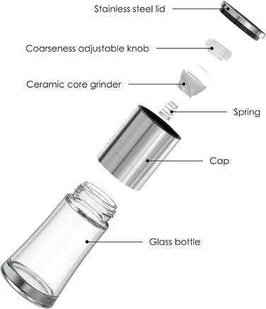 Набір з 2 млинів для солі та перцю Vzaahu, керамічна серцевина, кориця, регульована крупність, сріблястий, портативний, багаторазовий (макс. 60 символів)