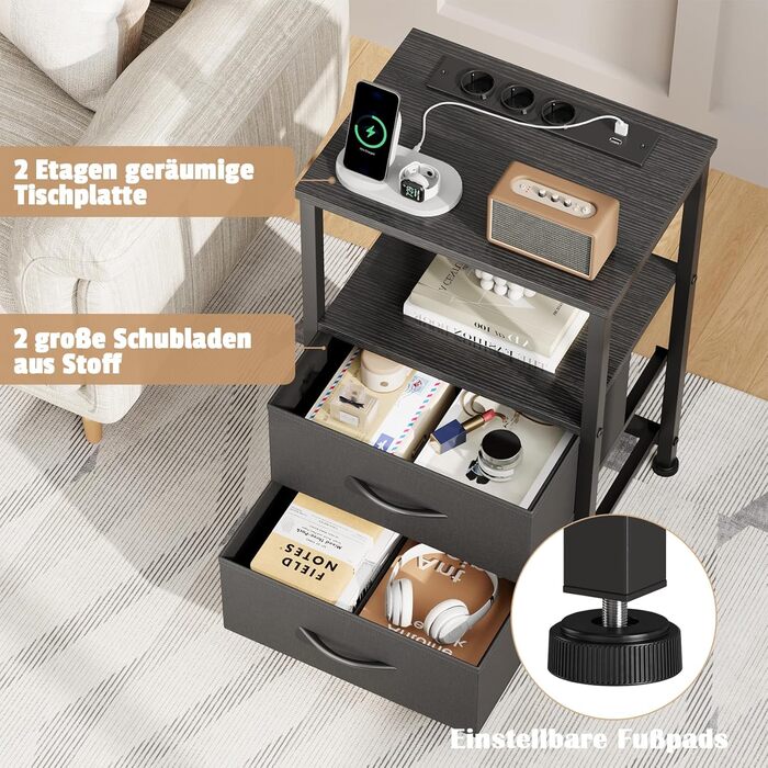 Нічний столик з LED-підсвіткою та функцією зарядки, з ящиком, 3 розетки AC та USB, для вітальні та спальні (40T x 30B x 60H cm, Чорний, 2 шт.)