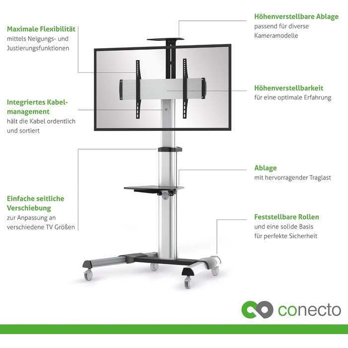 Підставка для телевізора Conecto TV Stand – регульована, поворотна, з роликами, 37-70 дюймів, модель LM-FS02G, срібна
