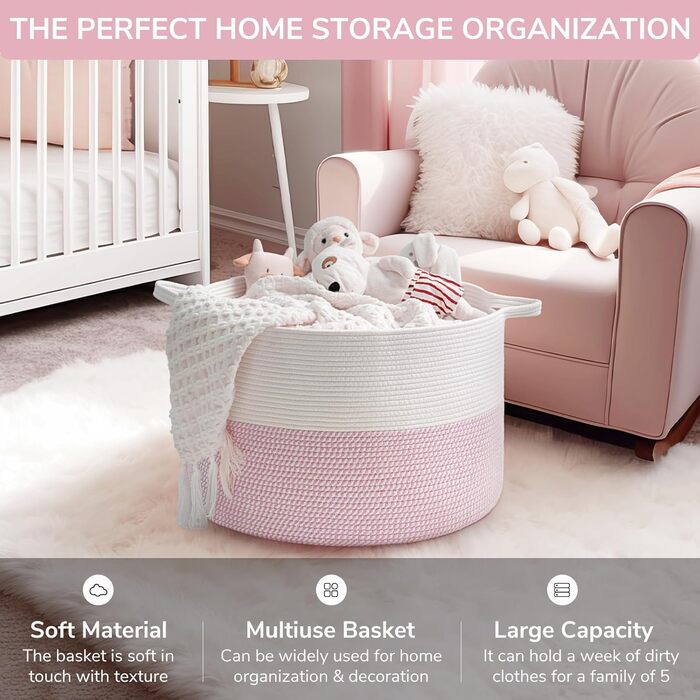 Кошик для зберігання TIMEYARD, кошик у дитячу кімнату, кошик для білизни, великий кошик для ялинки, кошик для ковдр, іграшок, плетений кошик, 55x35см, оливковий (рожевий)