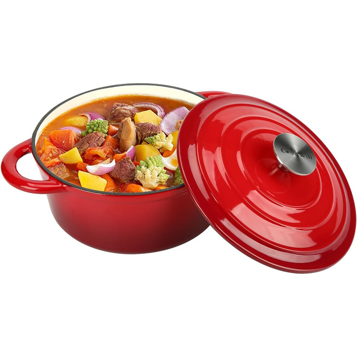 Чавунна голландська духовка COOKWIN 3,8 л, міцна каструля з кришкою, порцелянова емаль, червона